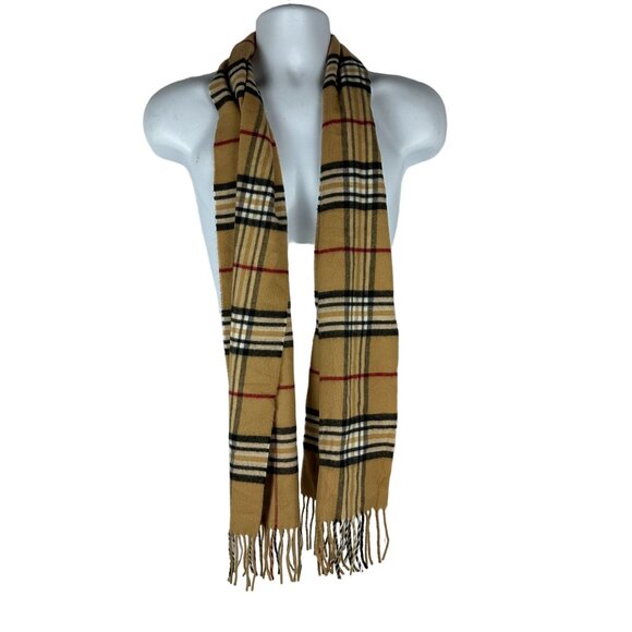 Preston & York Mens Vintage  Plaid Scarf Tan Black Red Fringe 100% Acrylic - Picture 1 of 4